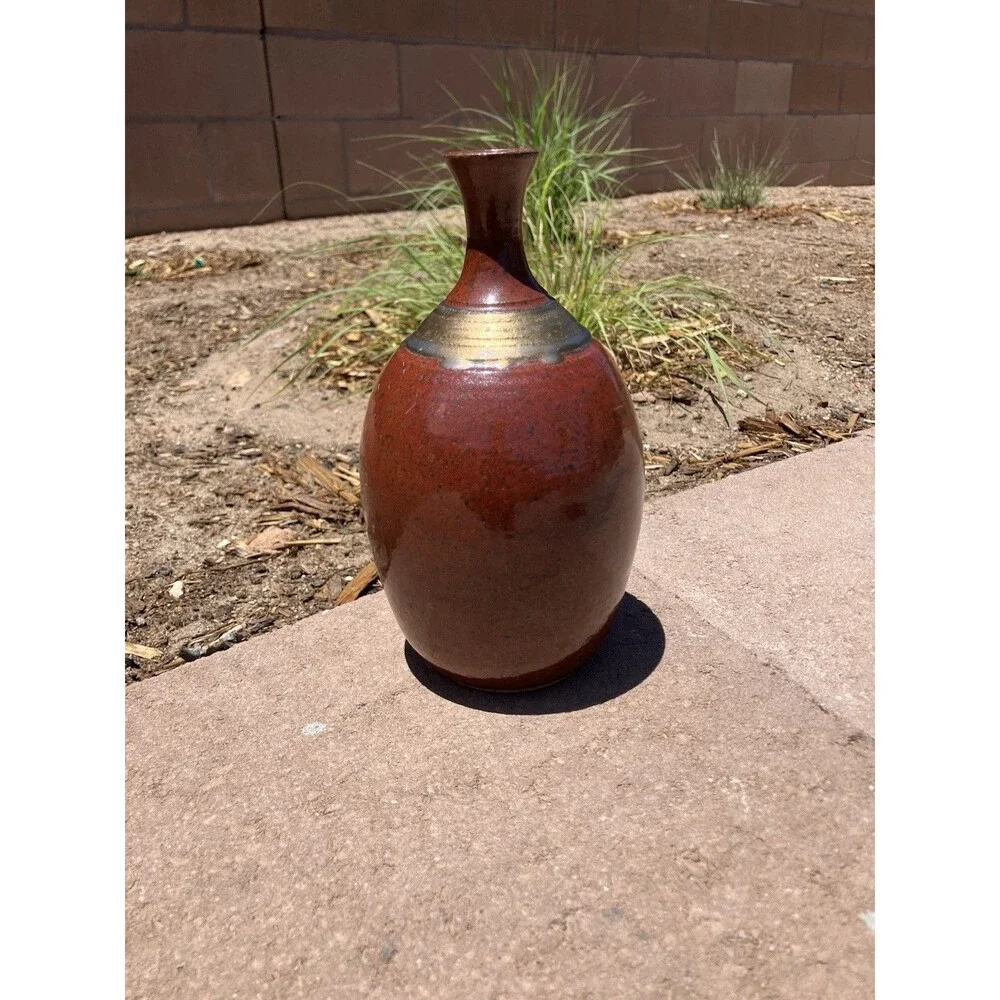 Signed Studio Pottery Bar BT’14 Stoneware Red Brown Glaze Handmade 9”